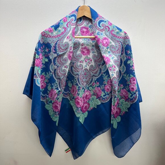 Vintage Italian Scarf | Blue Roses and Paisley Shawl | Made in Italy - Picture 2 of 7